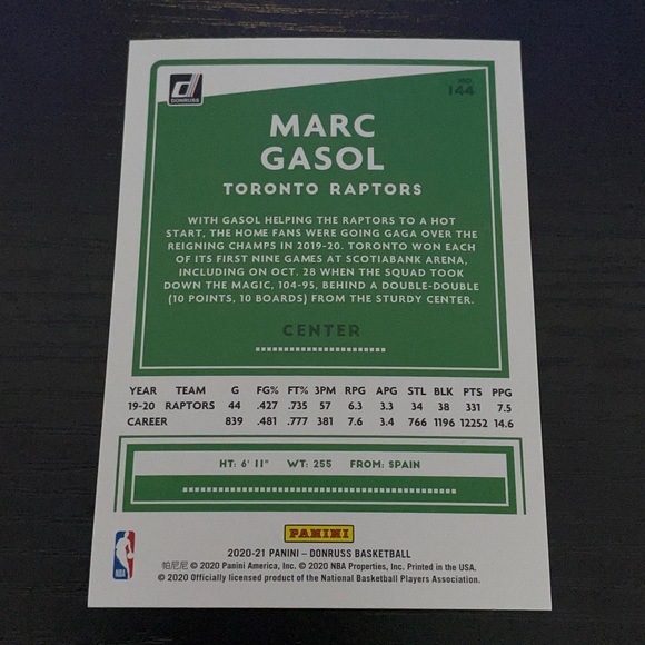 2020-21 MARC GASOL Yellow Flood Raptors Donruss Basketball Card #144 - Picture 2 of 2